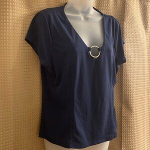 Bar III Women’s Knit Navy Cap Sleeved Vneck Top with Silver Metal Accent